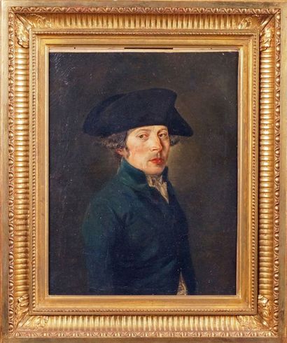 Ecole FRANCAISE vers 1800 PORTRAIT D'HOMME AU GILET BLEU ET AU BICORNE Huile sur...