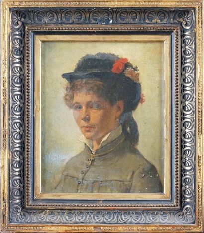 École Française du XIXe siècle PORTRAIT DE FEMME À LA ROSE ROUGE Huile sur toile....