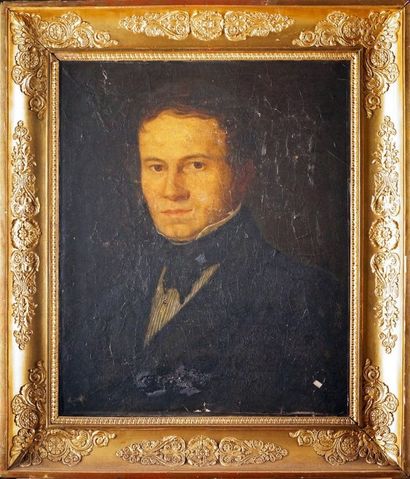ÉCOLE FRANÇAISE, vers 1840 PORTRAIT D'HOMME À LA CHEMISE RAYÉE Huile sur toile. (Manques)....