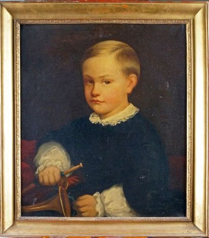 ÉCOLE FRANÇAISE, vers 1840 PORTRAIT DE JEUNE GARÇON JOUANT AVEC UNE PETITE TROMPE...
