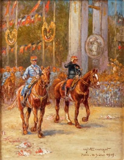 Eugène CHAPERON - 1857-1938 FOCH ET JOFFRE, LE DÉFILÉ DE LA VICTOIRE À PARIS, le...
