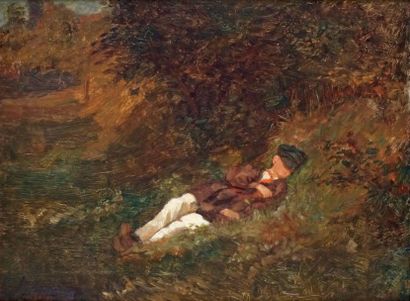 Édouard FRÈRE - 1819-1886 JEUNE HOMME FAISANT LA SIESTE EN PLEIN AIR Huile sur panneau...