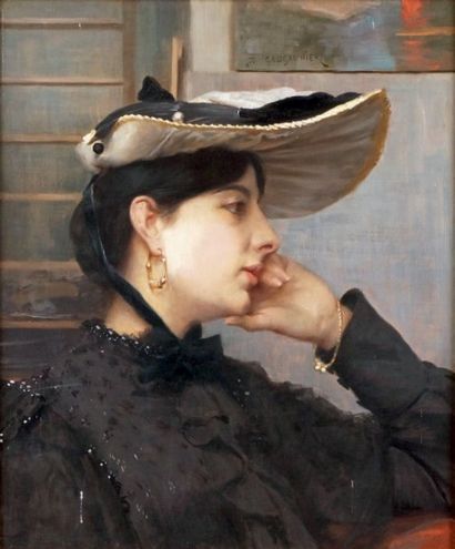 Denis CAUCAUNIER - vers 1860-1905 PORTRAIT DE JEUNE FEMME EN CAPELINE ORNÉE DE PLUMES...