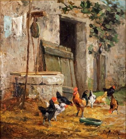Alexandre DEFAUX - 1826-1900 LES POULES Huile sur toile signée en bas à droite. 47...