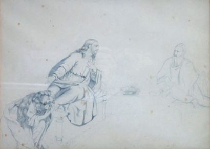 Gustave DORÉ - 1832-1883 MARIE-MADELEINE PARFUMANT LES PIEDS DU CHRIST Dessin à la...