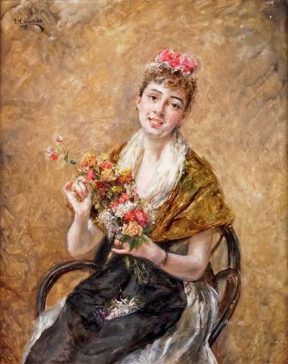 Édouard Léon GARRIDO - 1856-1949 JEUNE FEMME AU BOUQUET DE FLEURS Huile sur panneau...