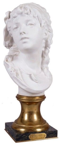 Auguste RODIN - 1840-1917 BUSTE DE SUZON Biscuit signé. H.: 30 cm Piédouche en bronze...