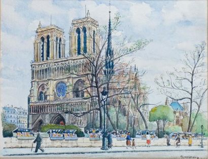 École FRANÇAISE du XXe siècle PARIS, NOTRE-DAME ET LES BOUQUINISTES Aquarelle signée...