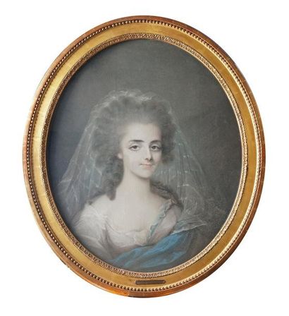 Ecole FRANÇAISE, vers 1780 PORTRAIT DE JEUNE FEMME AU FICHU DE DENTELLE Pastel ovale....