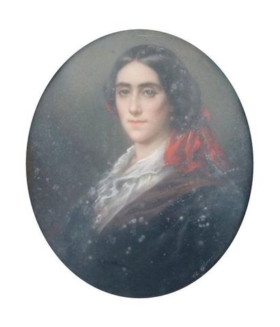 ÉCOLE FRANÇAISE, vers 1840 PORTRAIT DE FEMME AU N?UD ROUGE Pastel dans un format...