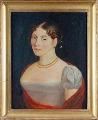 ÉCOLE FRANÇAISE, début du XIXe siècle PORTRAIT DE FEMME EN ROUGE Huile sur toile...