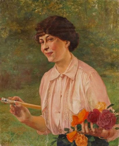 ÉCOLE ALLEMANDE, vers 1900 PORTRAIT DE FEMME AU BOUQUET DE FLEURS Huile sur toile...