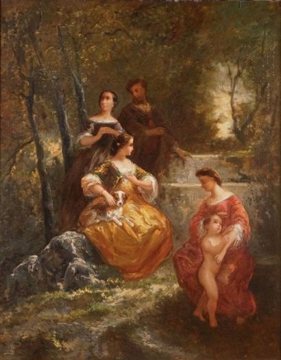 Adolphe Monticelli (1824-1886) JEUNES FEMMES DANS LE PARC Huile sur toile. 92x73...