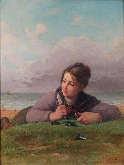 Jules RICHOMME (1818-1903) LA DÉGUSTATION DES MOULES Huile sur toile signée en bas...