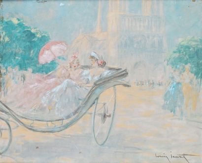 Louis ICART (1888-1950) PARIS,CALÈCHE DEVANT NOTRE-DAME Huile sur toile signée en...