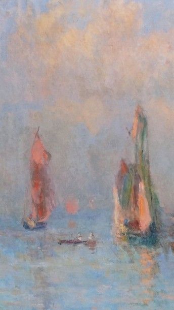 ALBERT LEBOURG (1849-1928) BATEAU DE PÊCHE AUX VOILES ROUGES, SORTIE DU PORT DE LA...