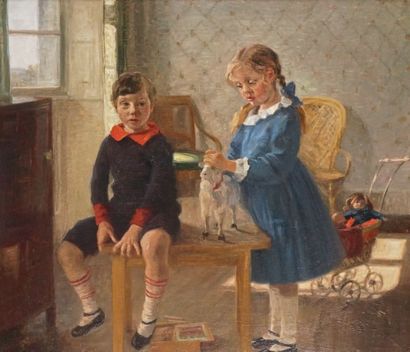 Carl Vilhelm MEYER (1870-1938) ENFANTS JOUANT, 1919 Huile sur toile signée et datée...
