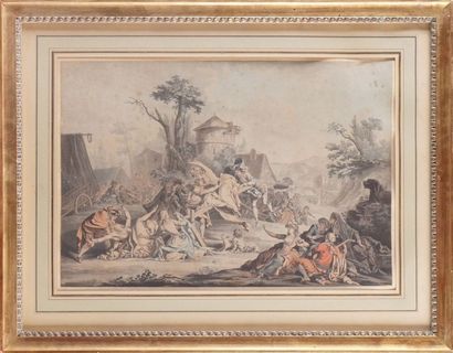 D'après Antoine WATTEAU LA FÊTE DU VILLAGE, 1776 Lithographie en couleurs. XIXe siècle....