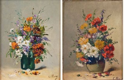 Eugène Henri CAUCHOIS - 1850-1911 VASES DE FLEURS Huiles sur toile en pendant signées...