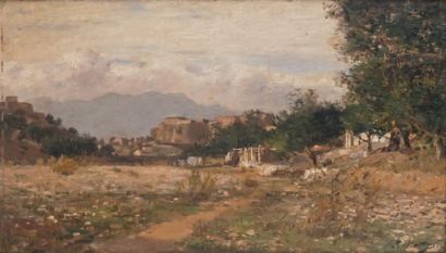 Émile Louis MATHON - né en 1855 PAYSAGE DE CATALOGNE EN ESPAGNE Huile sur panneau...