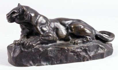 Antoine-Louis BARYE - 1796-1875 PANTHÈRE DE TUNIS Épreuve en bronze à patine brune...