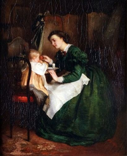 Victor de BORNSCHNEGEL - 1820-1891 MERE FAISANT MANGER SON ENFANT Huile sur toile...