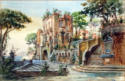 Attribué à Ettore FERRARI - 1845-1929 SUITE DE SEPT VUES D'ARCHITECTURES ITALIENNES...