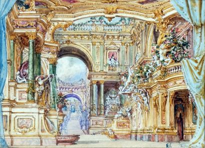 Attribué à Ettore FERRARI - 1845-1929 SUITE DE SEPT VUES D'ARCHITECTURES ITALIENNES...