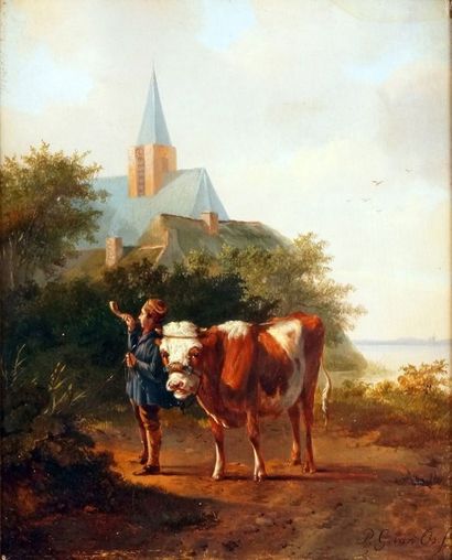 Pieter Gerardus van OS - 1776-1839 BERGER ET SA VACHE Huile sur panneau de chêne...