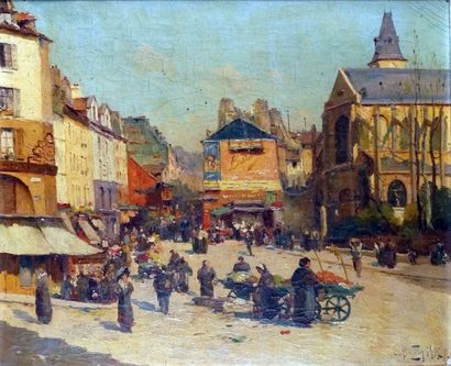 Louis BATTIN, école française XIXe-XXe siècle PARIS, LA RUE MOUFFETARD ET L'ÉGLISE...