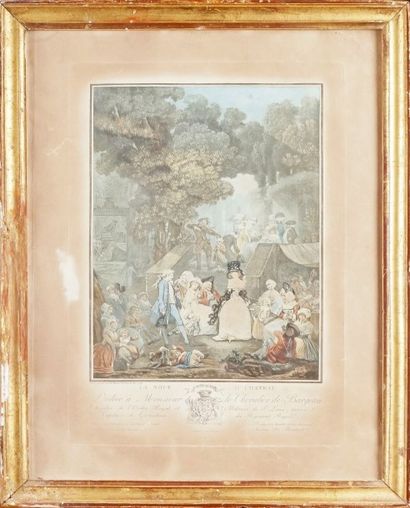 PHILIBERT-LOUIS DEBUCOURT (1755-1832) LA NOCE AU CHÂTEAU Aquatinte en couleurs, imprimeur...
