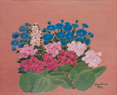 André BAUCHANT - 1873-1958 
JETÉE DE FLEURS, 1944
Huile sur toile signée et datée...