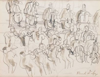 Raoul DUFY - 1877-1953 
L'ORCHESTRE DE CORDES Dessin au lavis d'encre signé en bas...