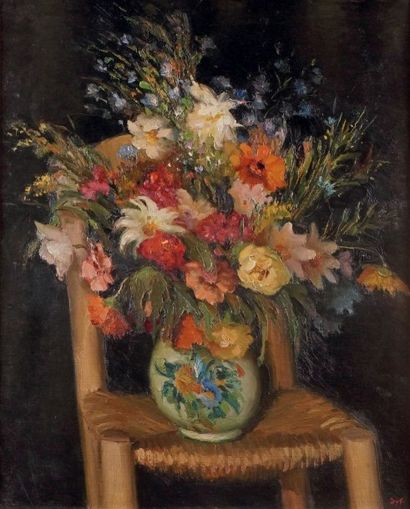 Marcel DYF - 1899-1985 
GRAND BOUQUET CHAMPÊTRE SUR UNE CHAISE PAILLÉE Huile sur...