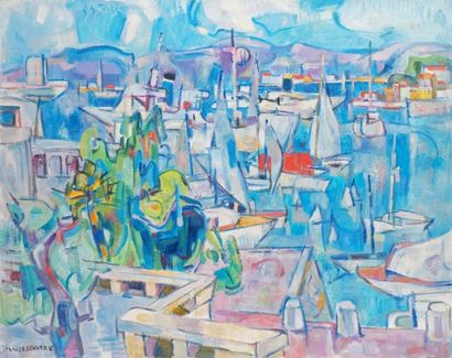 Claude SCHURR ? 1921-2014 
CANNES, LE PORT BLEU Huile sur toile signée en bas à gauche,...