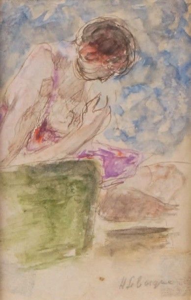 Henri LEBASQUE - 1865-1937 
FEMME COUSANT Aquarelle et encre de Chine signées en...