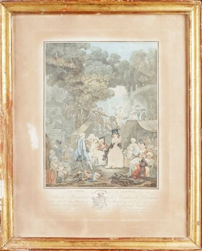 PHILIBERT-LOUIS DEBUCOURT (1755-1832) LA NOCE AU CHÂTEAU Aquatinte en couleurs, imprimeur...