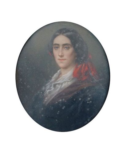 ÉCOLE FRANÇAISE, vers 1840 PORTRAIT DE FEMME AU NOEUD ROUGE Pastel dans un format...