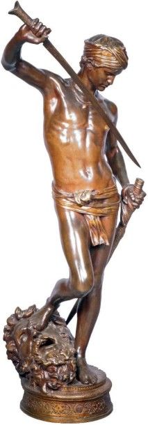 Antonin MERCIÉ - 1845-1916 DAVID VAINQUEUR DE GOLIATH (1869) Groupe en bronze patiné...