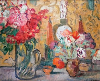 Louis VALTAT - 1869-1959 VASES ET PENDULE, vers 1906 Huile sur toile signée en bas...