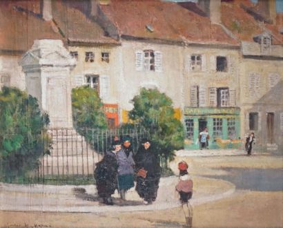 Jules René HERVÉ - 1887-1981 PLACE ANIMÉE À LANGRES Huile sur toile signée en bas...