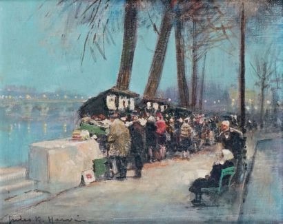 Jules René HERVÉ - 1887-1981 PARIS, LES BOUQUINISTES Huile sur toile signée en bas...