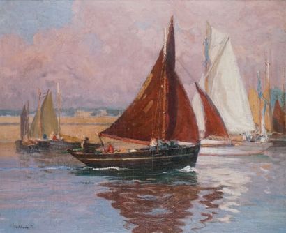 Paul ESCHBACH - 1881-1961 LES PÊCHEURS Huile sur toile signée en bas à gauche. 54...