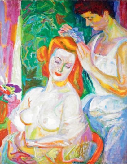 Louis BERTHOME SAINT-ANDRÉ (1905-1977) LA COIFFEUSE Huile sur toile signée en bas...