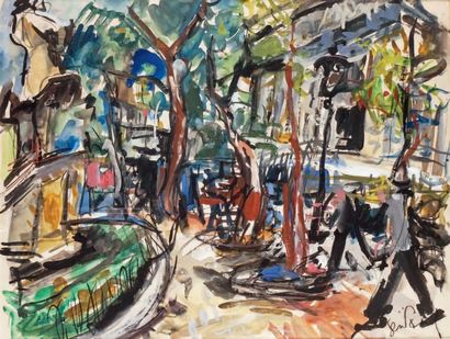 GEN-PAUL - 1895-1975 RUE ANIMÉE DE PARIS Gouache et aquarelle signées en bas à droite....