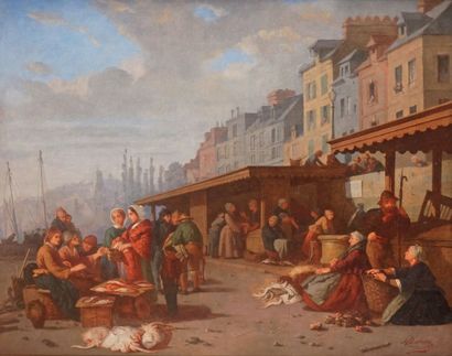 Alexandre DUBOURG - 1825-1891 HONFLEUR, LE MARCHÉ AUX POISSONS Huile sur toile signée...