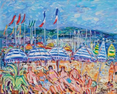 Maurice EMPI - né en 1933 LA PLAGE À CANNES Huile sur toile signée en bas à droite,...