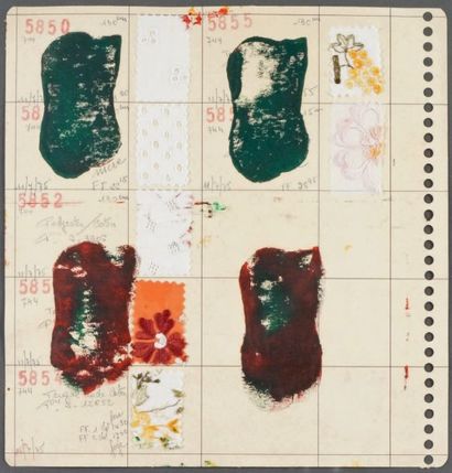 Claude VIALLAT - né en 1936 EMPREINTES Technique mixte (huile et collage de tissus)...