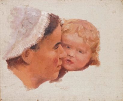 Francis TATTEGRAIN - 1852-1915 MÈRE ET ENFANT Huile sur toile. 38 x 46 Toile offerte...