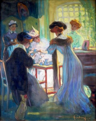 Louis FORTUNEY - 1875-1951 À L'HEURE DU THÉ Pastel signé en bas à droite. 63 x 5...